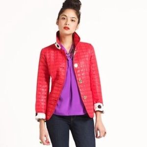 Red Kate Spade puffer coat with polka dot lining, gold buttons